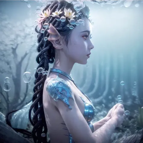 (illustration:1.8),(best quality),(masterpiece:1.5),masterpiece,extremely detailed CG unity 8k wallpaper),depth of field,dramatic angle,(Silver detailed cyan_ribbon and white flowers in the girl's long black_hair:1.25),(braid), (detailed beautiful face:1.3),detailed symmetrical_Blue_eyes,(Ancient palace background far away:1.55),A slight light, (pink flower:1.2),chiaroscuro, ((lotus) in beautiful detailed flowing_clouds_sea:1.3), Rayleigh scattering,(feather headdress:1.15),grass background,nature,((very wide shot)),(((Underwater))),Deep focus,Watermaker(bubbles:1.5),turtles,corals,Floating clothes,bottle with stopperwater in bottle,bere, a woman in a blue costume with a sword<lora:bere-10:0.7>