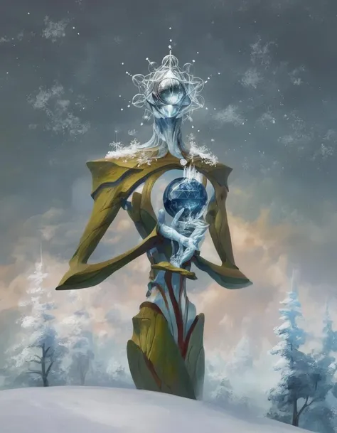 <lora:s3raph1mXL_v2:.8> ptm0 s3raph1mxl abstract figure metallic reflective , ice cold frost snow crystals winter space stars, earth leaves trees grass wood