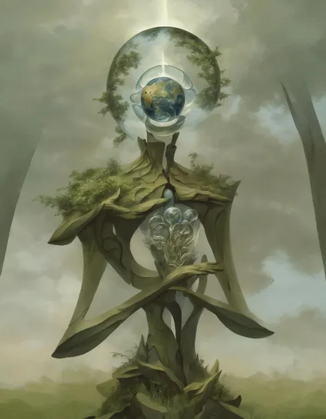<lora:s3raph1mXL_v2:.8> s3raph1mxl abstract figure metallic reflective , earth leaves trees grass wood