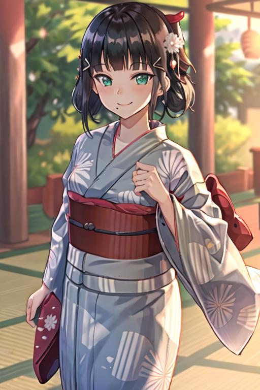 Anime girl in kimono outfit walking down a street with a red purse ...