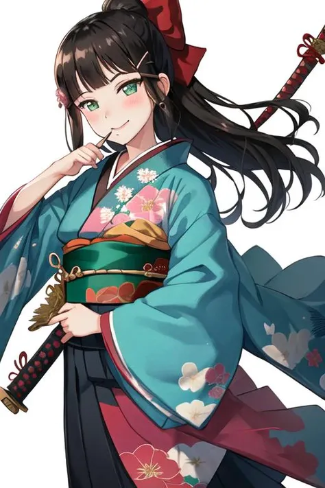 best quality, masterpiece, highres, solo, {kurosawa_dia_lovelivesunshine:1.15}, black_hair, bangs, mole, mole_under_mouth, long_hair, hair_ornament, blunt_bangs, blush, green_eyes, smile, hairclip, aqua_eyes, 1girl, japanese_clothes, kimono, looking_at_viewer, bow, hair_bow, katana, sword, weapon, upper_body, holding, holding_sword, holding_weapon, red_bow, floral_print, moon, simple_background, white_background