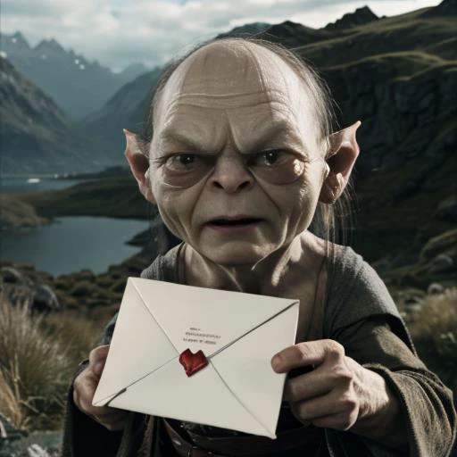 masterwork, best quality, ultra high res, cinematic lighting, 
movie still from Lord of the Rings showing a comedic scene of smeagol presenting a love letter <lora:lord_of_the_rings_offset:0.7>,
 in Mordor,outdoors, mountains,dark background, sharp image, sharp background,
(facing viewer, looking at viewer,giving letter to viewer:1.5),
<lora:loveletterv3:0.7>,(small love letter with heart:1.5), pov,
(smeagol, ugly, fierce, grumpy:1.3), crouching, funny,comedic, realistic, <lyco:smeagol_v2.0:0.5>