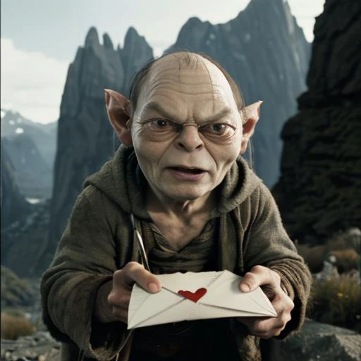 masterwork, best quality, ultra high res, cinematic lighting, 
movie still from Lord of the Rings showing a comedic scene of smeagol presenting a love letter <lora:lord_of_the_rings_offset:0.7>,
 in Mordor,outdoors, mountains,dark background, sharp image, sharp background,
(facing viewer, looking at viewer,giving letter to viewer:1.5),
<lora:loveletterv3:0.7>,(small love letter with heart:1.5), pov,
(smeagol, ugly, fierce, grumpy:1.3), crouching, funny,comedic, realistic, <lyco:smeagol_v2.0:0.5>