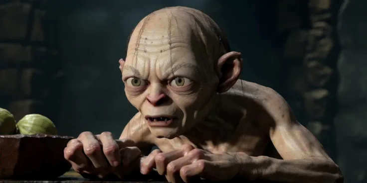 smeagol, crouching, on a modern kitchen table, sharp, amazing, bokeh, canon dslr, realistic, still, side view <lyco:smeagol_v2.0:1> <lyco:modern kitchen_v2.0:1.0>