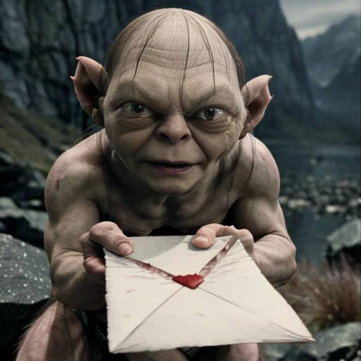 masterwork, best quality, ultra high res, cinematic lighting, 
movie still from Lord of the Rings showing a comedic scene of smeagol presenting a love letter <lora:lord_of_the_rings_offset:0.7>,
 in Mordor,outdoors, mountains,dark background, sharp image, sharp background,
(facing viewer, looking at viewer,giving letter to viewer:1.5),
<lora:loveletterv3:0.7>,(small love letter with heart,blushing:1.5), pov,
(smeagol, ugly, fierce, grumpy:1.3), crouching, funny,comedic, realistic, <lyco:smeagol_v2.0:0.5>