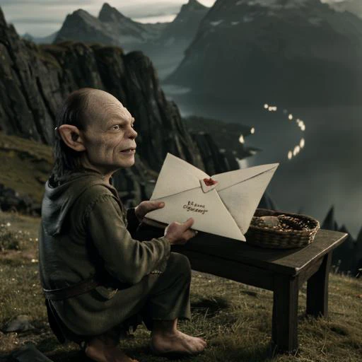 masterwork, best quality, ultra high res, cinematic lighting, 
movie still from Lord of the Rings showing a comedic scene of smeagol presenting a love letter <lora:lord_of_the_rings_offset:0.7>,
 in Mordor,outdoors, mountains,dark background, sharp image, sharp background,
(facing viewer, looking at viewer,giving letter to viewer:1.5),
<lora:loveletterv3:0.65>,(love letter:1.5), heart, pov,
(smeagol, ugly, fierce, grumpy:1.3), crouching, funny,comedic, realistic, <lyco:smeagol_v2.0:0.5>