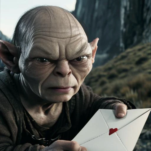 masterwork, best quality, ultra high res, cinematic lighting, 
movie still from Lord of the Rings showing a comedic scene of smeagol presenting a love letter <lora:lord_of_the_rings_offset:0.7>,
 in Mordor,outdoors, mountains,dark background, sharp image, sharp background,
(facing viewer, looking at viewer,giving letter to viewer:1.5),
<lora:loveletterv3:0.7>,(small love letter with heart:1.5), pov,
(smeagol, ugly, fierce, grumpy:1.3), crouching, funny,comedic, realistic, <lyco:smeagol_v2.0:0.5>