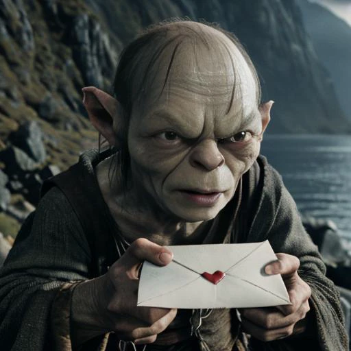 masterwork, best quality, ultra high res, cinematic lighting, 
movie still from Lord of the Rings showing a comedic scene of smeagol presenting a love letter <lora:lord_of_the_rings_offset:0.7>,
 in Mordor,outdoors, mountains,dark background, sharp image, sharp background,
(facing viewer, looking at viewer,giving letter to viewer:1.5),
<lora:loveletterv3:0.7>,(small love letter with heart:1.5), pov,
(smeagol, ugly, fierce, grumpy:1.3), crouching, funny,comedic, realistic, <lyco:smeagol_v2.0:0.5>