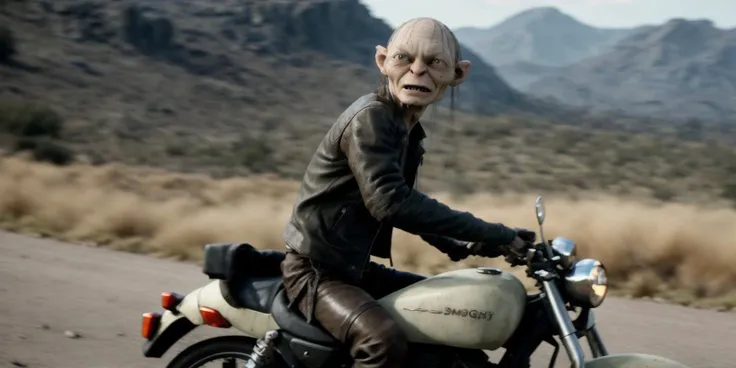 portrait of smeagol, riding a (motorcycle:1.2), wearing a leather jacket and leather pants, sharp, amazing, bokeh, canon dslr, realistic, movie still, side view <lyco:smeagol_v2.0:1>