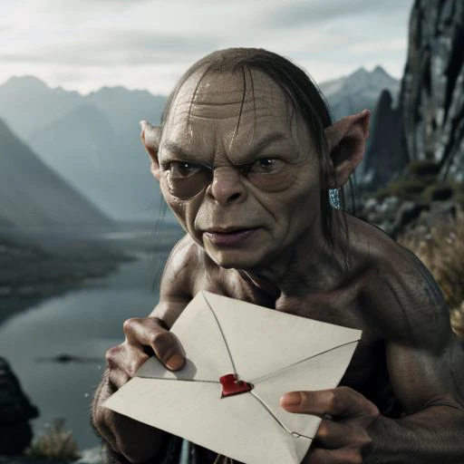 masterwork, best quality, ultra high res, cinematic lighting, 
movie still from Lord of the Rings showing a comedic scene of smeagol presenting a love letter <lora:lord_of_the_rings_offset:0.7>,
 in Mordor,outdoors, mountains,dark background, sharp image, sharp background,
(facing viewer, looking at viewer,giving letter to viewer:1.5),
<lora:loveletterv3:0.7>,(small love letter with heart:1.5), pov,
(smeagol, ugly, fierce, grumpy:1.3), crouching, funny,comedic, realistic, <lyco:smeagol_v2.0:0.5>