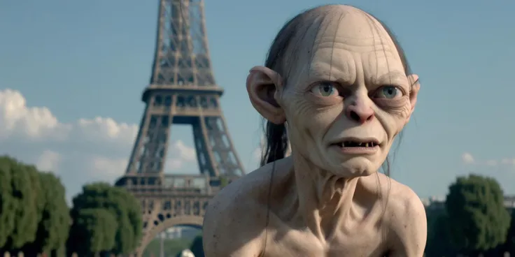 portrait of smeagol, standing in paris, eifel tower in the background, sharp, amazing, bokeh, canon dslr, realistic, still, side view <lyco:smeagol_v2.0:1>