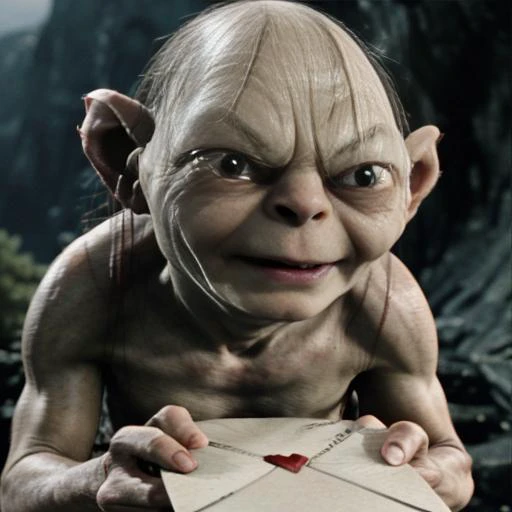 masterwork, best quality, ultra high res, cinematic lighting,
still from Lord of the Rings showing a comedic scene of smeagol presenting a love letter <lora:lord_of_the_rings_offset:0.7>,
in Mordor,outdoors, mountains,dark background, sharp image, sharp background,
(facing viewer, looking at viewer,giving letter to viewer:1.5),
<lora:loveletterv3:0.7>,(small love letter with heart,blushing:1.5), pov,
(smeagol, ugly, fierce, grumpy:1.3), crouching, funny,comedic, realistic, <lyco:smeagol_v2.0:0.5>