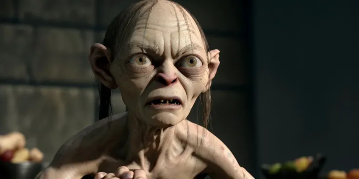 smeagol, crouching, in a (modern kitchen:1.2), sharp, amazing, bokeh, canon dslr, realistic, still, side view <lyco:smeagol_v2.0:1> <lyco:modern kitchen_v2.0:1.0>