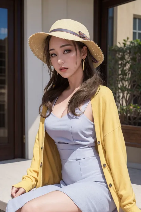 masterpiece, best quality, highly detailed, ultra high res, (photorealistic:1.8), unreal_engine, photograph, realistic_skin_texture, <lora:momtwohit_oosuki-14:1>, oosuki mamako, 1girl, solo, looking at viewer, brown hair, hair ribbon, purple eyes, hat, reflection, bag, handbag, sitting, jewelry, earrings, dress, white dress, yellow jacket, mirror, looking at viewer, cardigan, long sleeves, arm at side, Las Vegas, <lyco:SwampEscapeAA:1>
