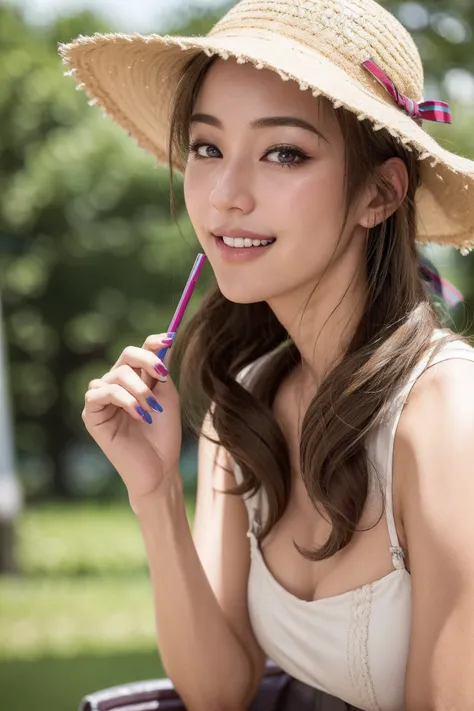 masterpiece, best quality, highly detailed, ultra high res, (photorealistic:1.8), unreal_engine, photograph, realistic_skin_texture, <lora:momtwohit_oosuki-14:1>, oosuki mamako, 1girl, solo, looking at viewer, brown hair, hair ribbon, purple eyes, smile, open mouth, hat, sitting, looking at viewer, dress, nail polish, white dress, straw hat, green nails, hand on headwear, index finger raised, Tower of Babel, outdoors, <lyco:SwampEscapeAA:1>