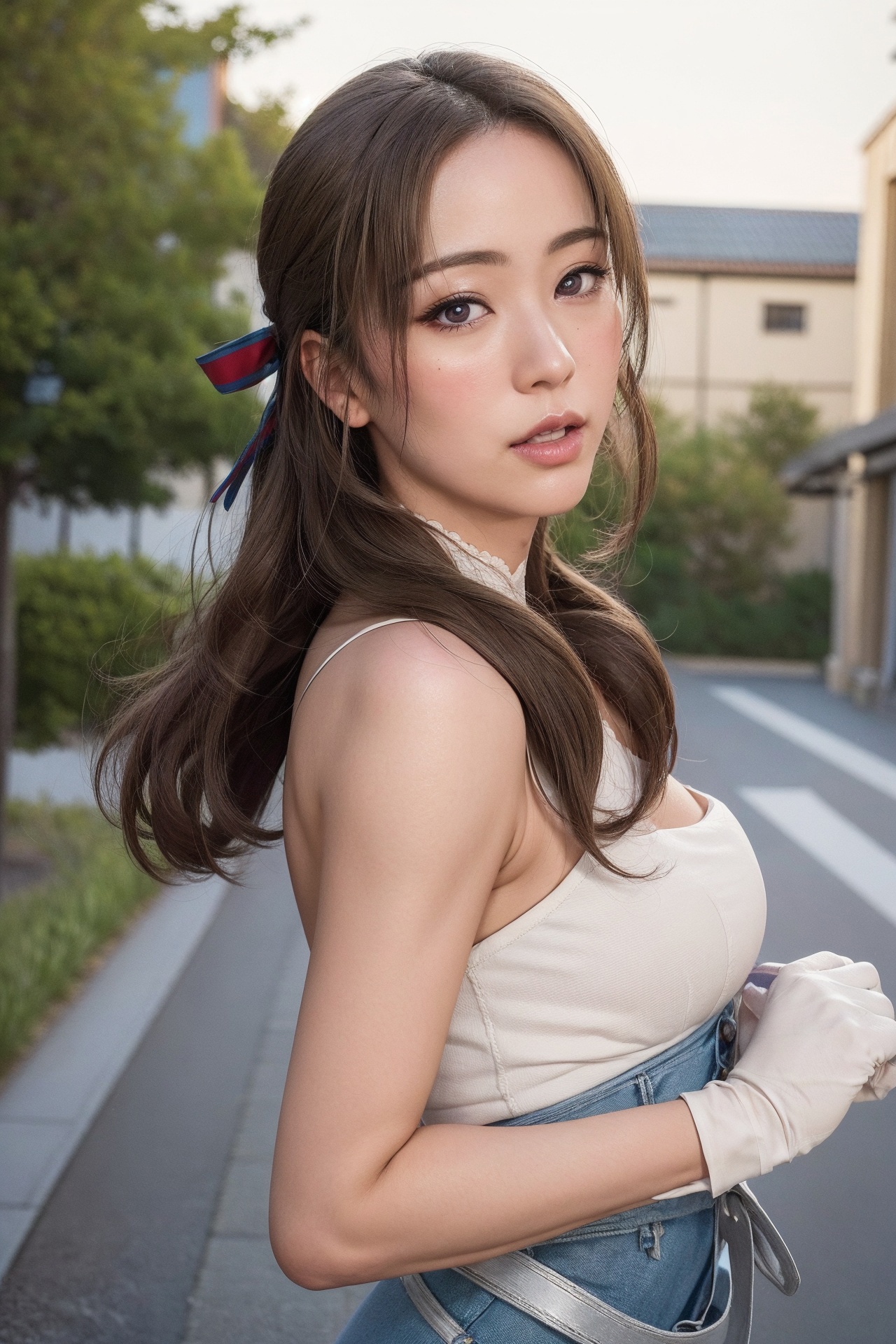 A close up of a woman in a white top and blue skirt - SeaArt AI
