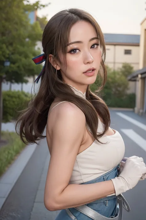 masterpiece, best quality, highly detailed, ultra high res, (photorealistic:1.8), unreal_engine, photograph, realistic_skin_texture, japonese face, <lora:momtwohit_oosuki-14:1>, oosuki mamako, 1girl, solo, looking at viewer, brown hair, hair ribbon, purple eyes, oosukidef, white gloves, arm at side, ayers rock, outdoors, <lyco:SwampEscapeAA:1>