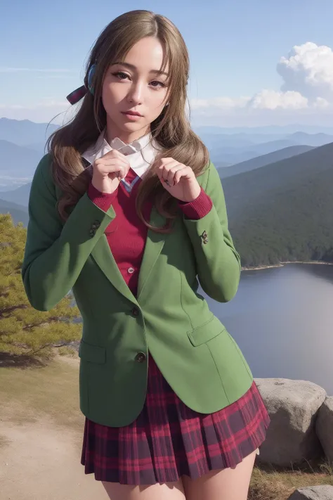 masterpiece, best quality, highly detailed, ultra high res, (photorealistic:1.8), unreal_engine, photograph, realistic_skin_texture, <lora:momtwohit_oosuki-14:1>, oosuki mamako, 1girl, solo, looking at viewer, brown hair, hair ribbon, purple eyes, red sweater, collared shirt, green skirt, blazer, headphones, paw pose, Fuji Mountain, outdoors