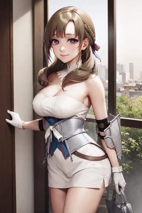 (masterpiece, best quality:1.2), <lora:momtwohit_oosuki-14:1>, cowboy shot, solo, 1girl, oosuki mamako, smile, closed mouth, looking at viewer, hair ribbon, oosukidef, strapless, armor, white gloves