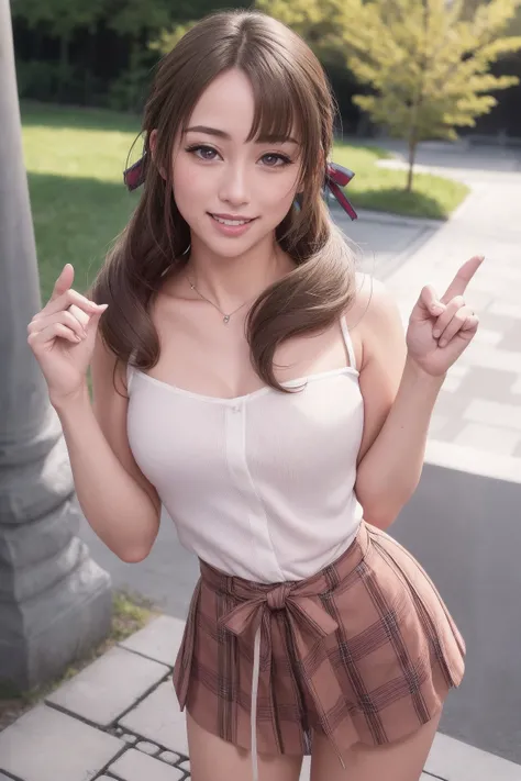 masterpiece, best quality, highly detailed, ultra high res, (photorealistic:1.8), unreal_engine, photograph, realistic_skin_texture, japonese face, <lora:momtwohit_oosuki-14:1>, oosuki mamako, 1girl, solo, looking at viewer, brown hair, hair ribbon, purple eyes, smile, open mouth, striped shirt, plaid_skirt, index finger raised, Stonehenge, outdoors