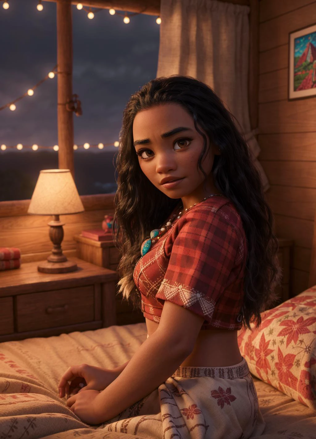 <lora:Moana_v1:0.8> moana,, wearing flannel shirt, depth of field bokeh, bedroom, (masterpiece) (best quality) (detailed) (8k) (wallpaper) (cinematic lighting) (sharp focus) (intricate), perfect, portrait , hyper detailed, amazing background, highly defined details 32k UHD, lifelike photo, vivid colors