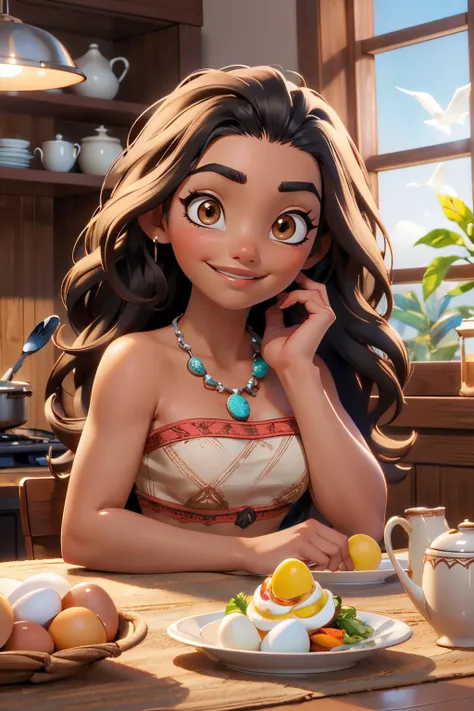moana, dark skin, long black hair, brown eyes,red bandeau,necklace, white skirt, looking at viewer, smiling, upper body shot, sitting, table, inside cozy kitchen, table full of food, eggs, soft lighting, high quality, masterpiece, <lora:Moana_v1:.8>