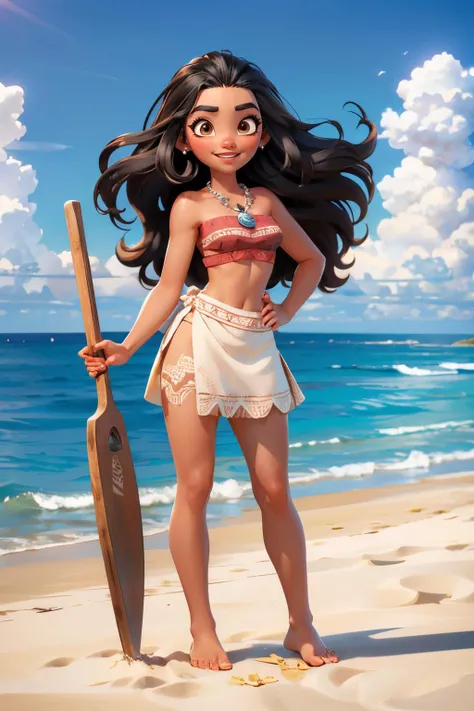moana, dark skin, long black hair, brown eyes,red bandeau,necklace, white skirt, bare foot, looking at viewer, smiling, full body shot, standing, holding paddle, beach, ocean, blue sky, high quality, masterpiece, <lora:Moana_v1:.8>
