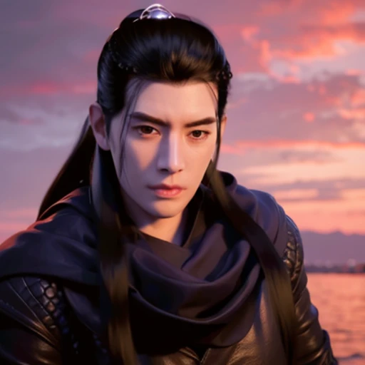 a man with a black hair and a black outfit and a black scarf and a black hoodie and a black and white background, (seaside:0.872), (black hair:0.758), (blurry:0.926), (blurry background:0.703), (brown eyes:0.562), (depth of field:0.625), (long hair:0.855), (outdoors:0.541), (scarf:0.989), (snow:0.925), (solo:0.886), (upper body:0.683) <lora:hanli_V1:1>