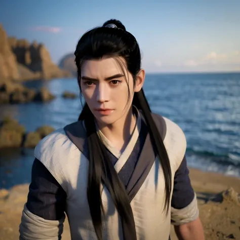 a man with long hair and a scarf on her neck, (1girl:0.992), (brown eyes:0.947), (brown hair:0.737), (fingerless gloves:0.694), (gloves:0.597), (lips:0.812), (long hair:0.817), (nose:0.515), (outdoors:0.551), (realistic:0.622), (sky:0.703), (solo:0.946), (upper body:0.807) <lora:hanli_V1:1>seaside,sandbeach,day,wide_hips,standing,