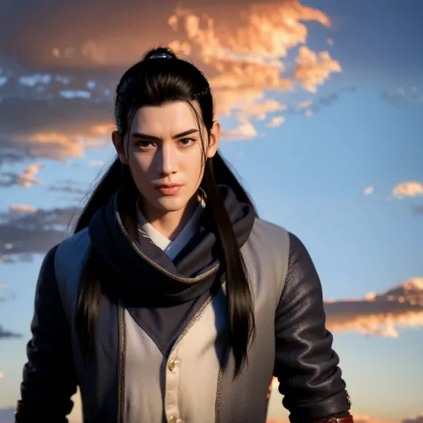 a man with long hair and a scarf on her neck and a black jacket on her shoulders and a sky background, (1girl:0.998), (brown eyes:0.892), (brown hair:0.731), (fingerless gloves:0.869), (gloves:0.804), (hand on own cheek:0.639), (hand on own face:0.734), (lips:0.842), (long hair:0.726), (looking at viewer:0.653), (neckerchief:0.510), (nose:0.811), (realistic:0.963), (sailor collar:0.795), (school uniform:0.920), (serafuku:0.914), (solo:0.938), (upper body:0.685)
