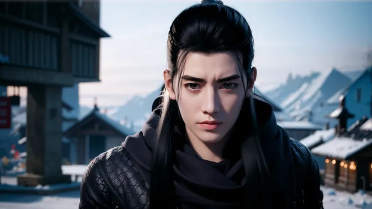 a man with a black hair and a black outfit and a black scarf and a black hoodie and a black and white background, (1girl:0.872), (black hair:0.758), (blurry:0.926), (blurry background:0.703), (brown eyes:0.562), (depth of field:0.625), (long hair:0.855), (outdoors:0.541), (scarf:0.989), (snow:0.925), (solo:0.886), (upper body:0.683)