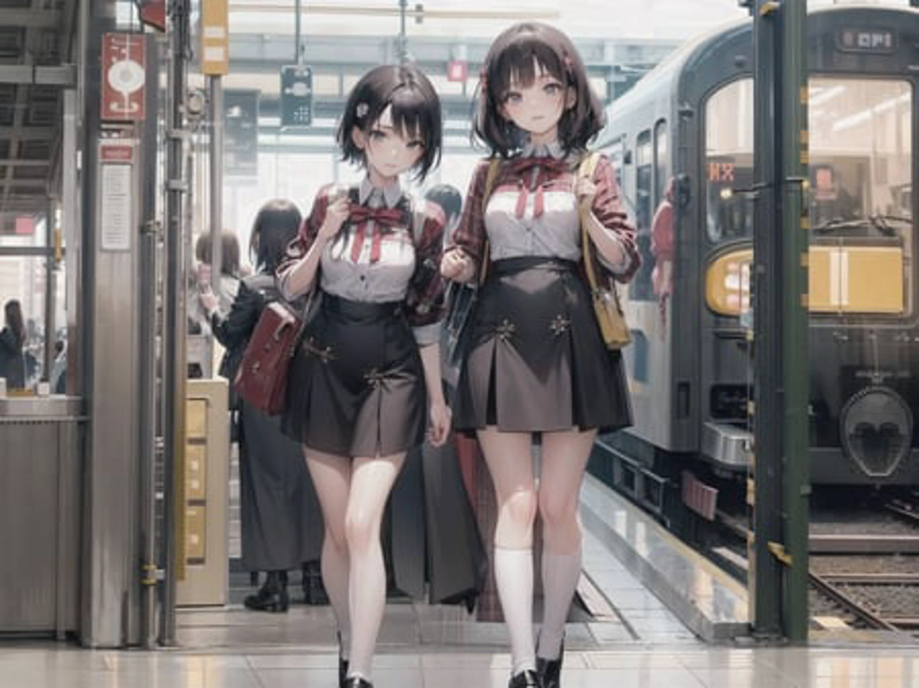masterpiece, best quality,
full body,small breast,close up,
3 young girls, ruammei fashion with different color, standing,looking at viewer,
<lora:ruanmei_2:0.8>,
japanese train station platform,crowd,