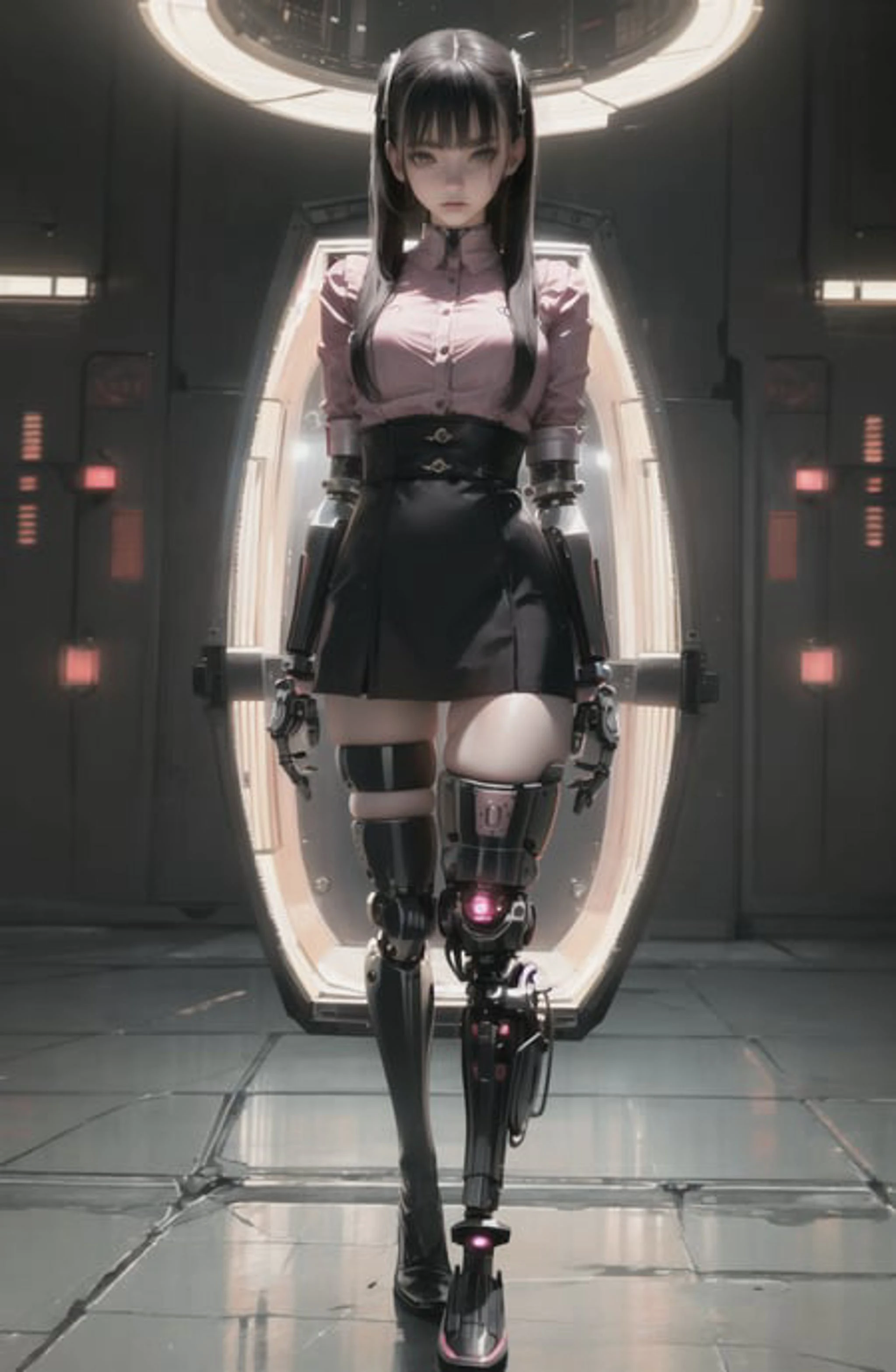 (8K, super high res, masterpiece, best quality),(realistic:1.3), cinematic lighting,
looking at viewer, shot from forward,full body,
1 girl, jirai fashion with pink blouse, (mechanical Prosthetic:1.2),<lora:jirai:0.8>,
inside a space ship,