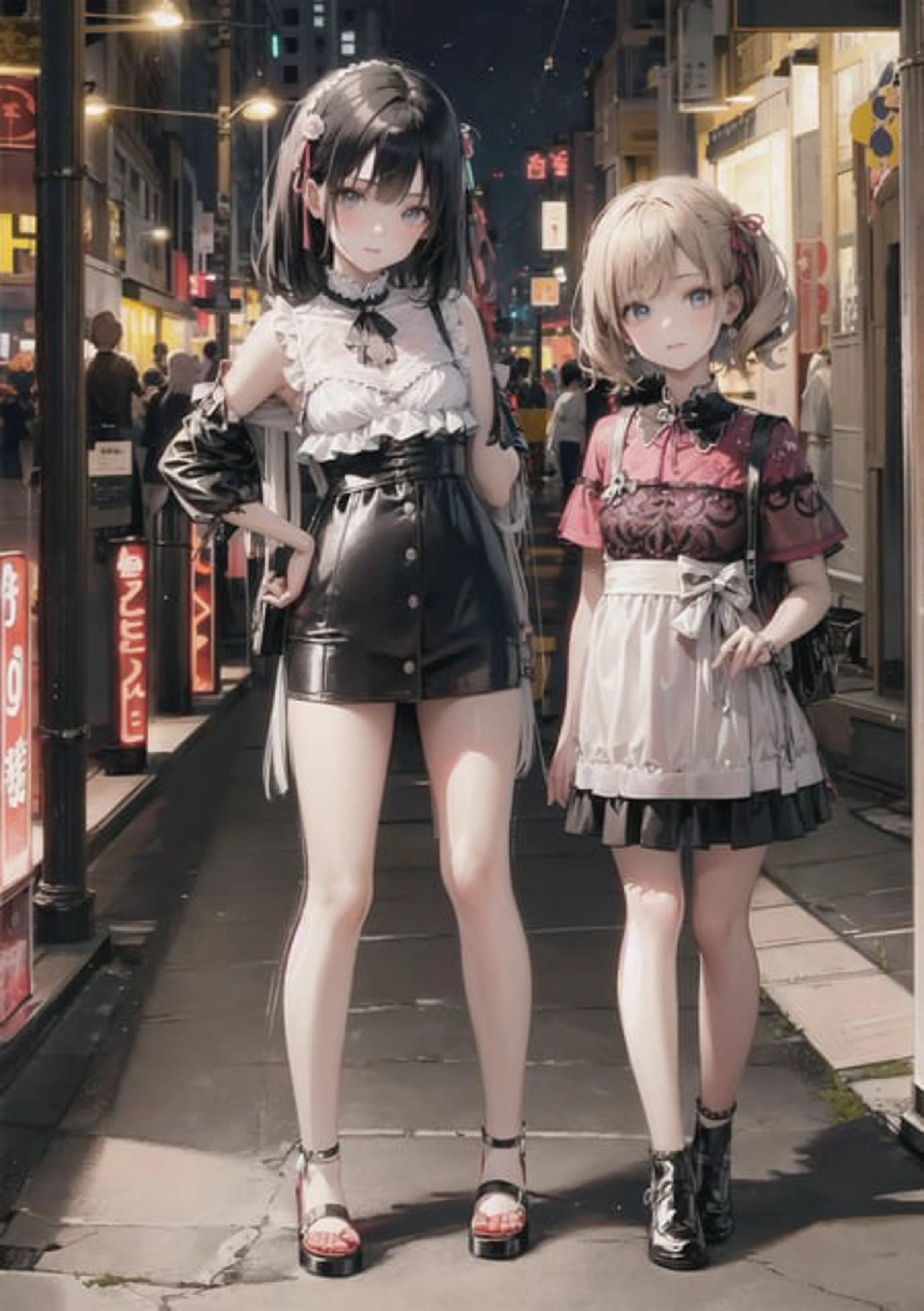 masterpiece, best quality,
full body,small breast,
2 young girls, ruammei fashion with different color, standing,looking at viewer,
<lora:ruanmei_2:0.8>,
night,sidewalk,wall,neon,