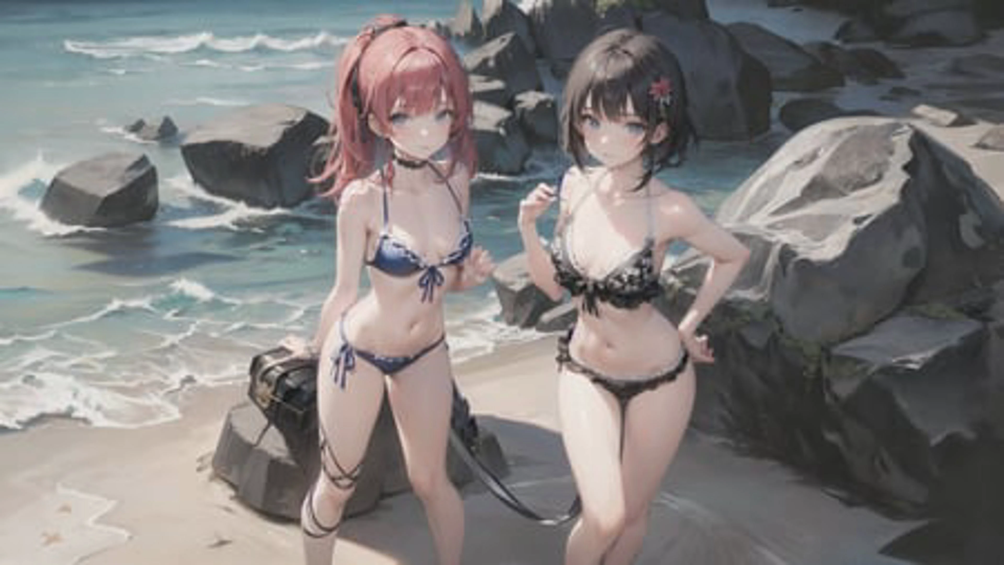 masterpiece, best quality,
full body,small breast,shot from front,close up to chest,
2 young girls, bikini with different designs, standing close to eachother,looking at viewer,
<lora:ruanmei_2:0.8>,
beach, rocks,island,