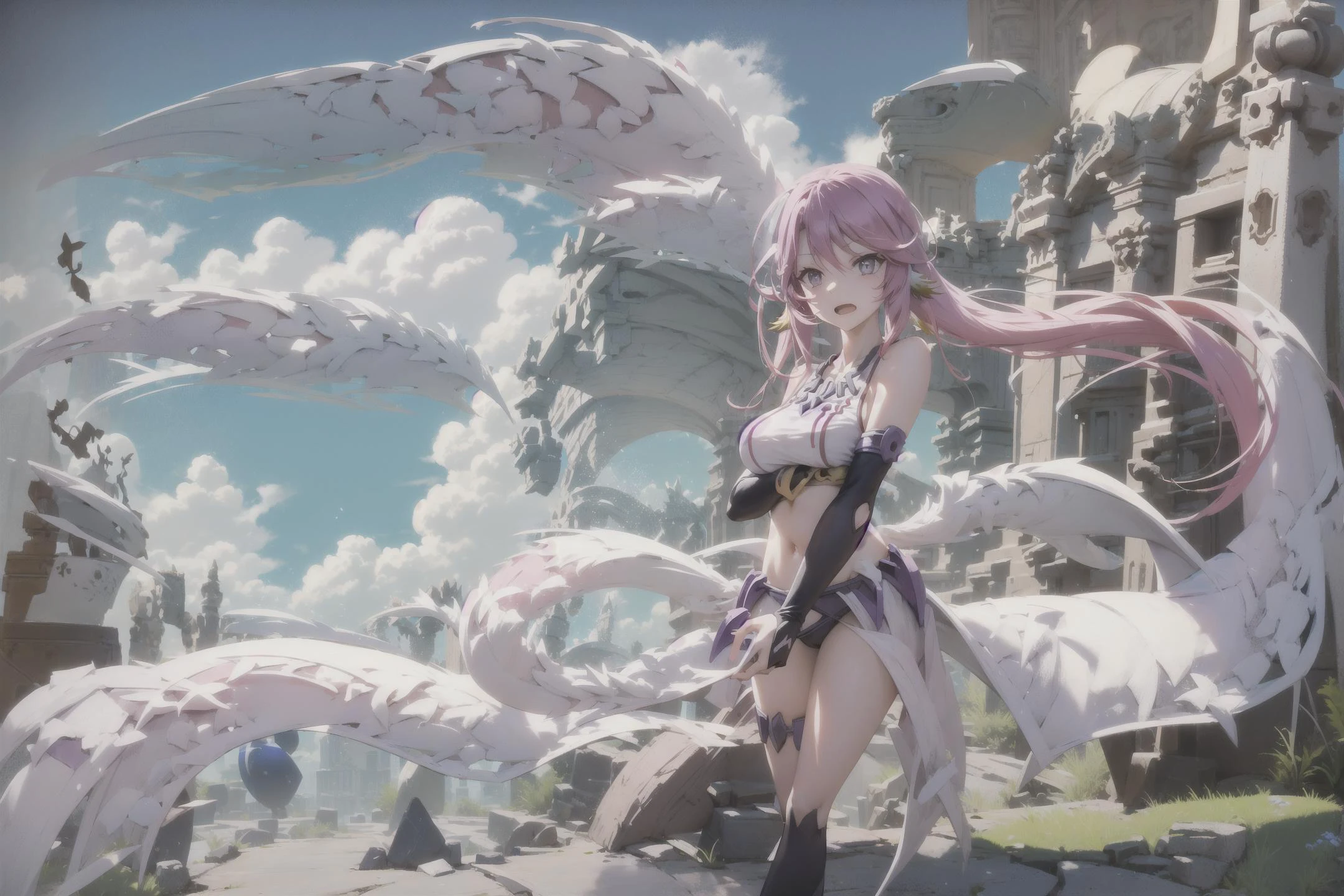 ((jibril)) ((((<lora:Jibril(NoGameNoLife)_Full_animefinal:1>))))
jibril (no game no life), official clothes, scythe, compass rose halo, (((1girl))), long hair, halo, magic circle, solo, navel, pink hair, feathered wings, breasts, open mouth, white wings, wings, low wings, gloves, midriff, animal ears, angel wings, (sun), ((day)), ruins, broken glass, broken clock tower
cloud, cloudy_sky, day, sky, blue_sky, scenery, mountain, flower, gras
<lora:aki:1>