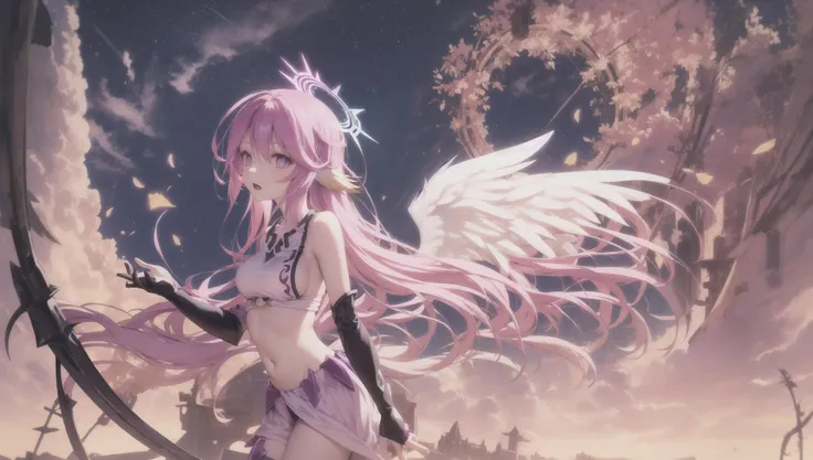 ((jibril)) ((((<lora:Jibril(NoGameNoLife)_Full_animefinal:1>))))
jibril (no game no life), official clothes, black halo, scythe, compass rose halo, (((1girl))), long hair, halo, magic circle, solo, navel, pink hair, feathered wings, breasts, open mouth, white wings, wings, low wings, gloves, midriff, animal ears, angel wings, starry sky