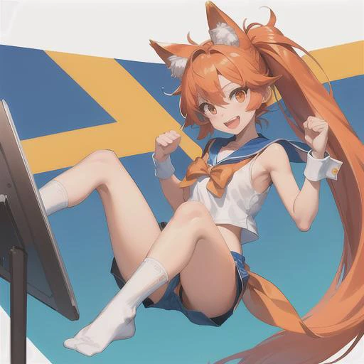 masterpiece, best quality, firefox-chan, bowtie, tank top, sailor collar, shorts, wrist cuffs, socks, orange shoes, smile, happy, looking at viewer, red face, open mouth, computer lab, clenched fists, arms spread <lora:firefox-nvwls-v1-000012:0.9>