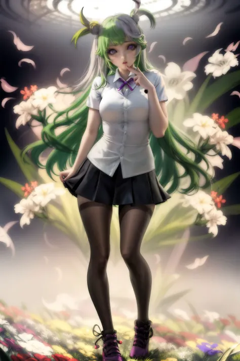 full body, solo, 1girl, suspicious, light green hair, two side up, dark purple eyes, silver collared shirt, Cymbidium \(flower\), floral background <lora:Sakimichan_style_v01:1>