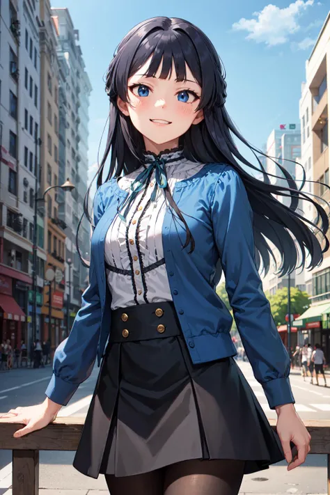 (masterpiece, best quality, ultra detailed), (perfect face, detailed face), (detailed background, complex background:1.2), full-face blush, (smile:1.2), wind, windy, looking at viewers,
<lora:Mogami:1> MogamiDef, black hair, long hair, blush, bangs, blue eyes, sidelocks, blunt bangs, skirt, shirt, long sleeves, jacket, white shirt, pantyhose, frills, open clothes, black skirt, open jacket, neck ribbon, ribbon, hair intakes, blue jacket, brown pantyhose, green ribbon, center frills, frilled shirt, (cowboy shot:1.5), tilt head, solo, standing,
(outdoors, building, city, modern city)