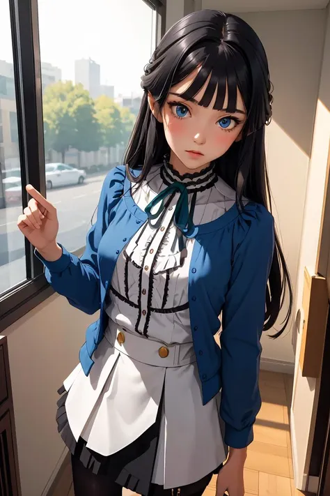 (masterpiece, best quality), 1girl,  <lora:Mogami:1> MogamiDef, black hair, long hair, blush, bangs, blue eyes, sidelocks, blunt bangs, skirt, shirt, long sleeves, jacket, white shirt, pantyhose, frills, open clothes, black skirt, open jacket, neck ribbon, ribbon, hair intakes, blue jacket, brown pantyhose, green ribbon, center frills, frilled shirt