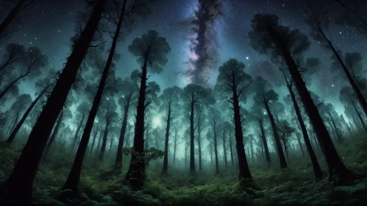 (detailed, masterpiece, award winning photograph), a magical forest, lush trees, plants, tiny creatures, subtle creepy eyes in every object, hidden eyes, watching viewer, night, sky, night sky, stars, <lora:nighcore:0.8>, focus on the forest and trees, canopy of trees, 
creepy, <lora:Abyssal_Tech_XL:0.9> abyssaltech , dissolving, abyss, depth, layers,  <lora:dynamic_shot_09_astrophotography:0.6> milky way,