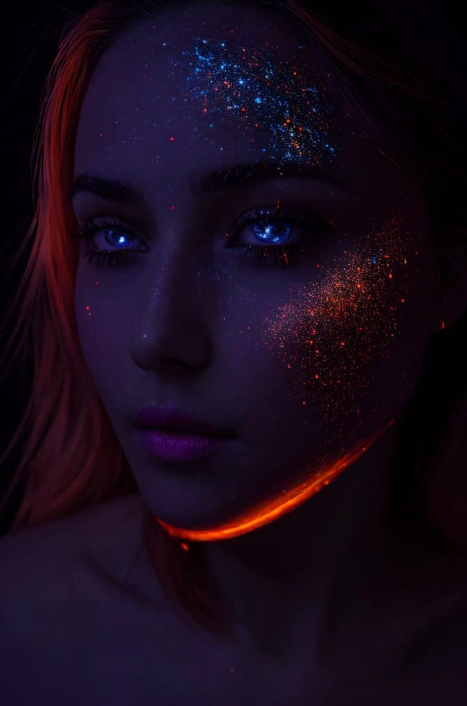 woman 20 years young face closeup, European,  long Orange dress,  ([Emilia( :0)Clarke|ashley bulgari|audra( :0)miller]:0.9) closeup, dark, ultraviolet painted face ,  <lora:dynamic_shot_29_ultraviolet_painted_face:0.80> highres, high quality, high resolution, hd, 4k, masterpiece, realistic, constellation eyes