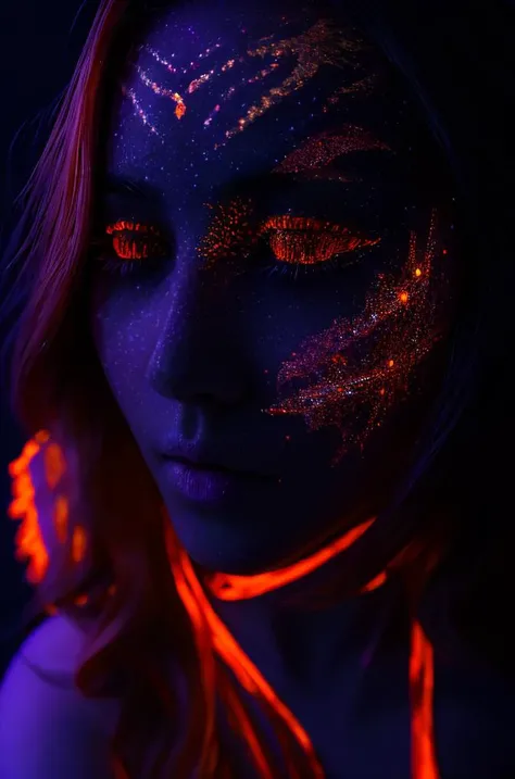 woman 20 years young face closeup, European,  long Orange dress,  ([Emilia( :0)Clarke|ashley bulgari|audra( :0)miller]:0.9) closeup, dark, ultraviolet painted face ,  <lora:dynamic_shot_29_ultraviolet_painted_face:0.80> highres, high quality, high resolution, hd, 4k, masterpiece, realistic,
