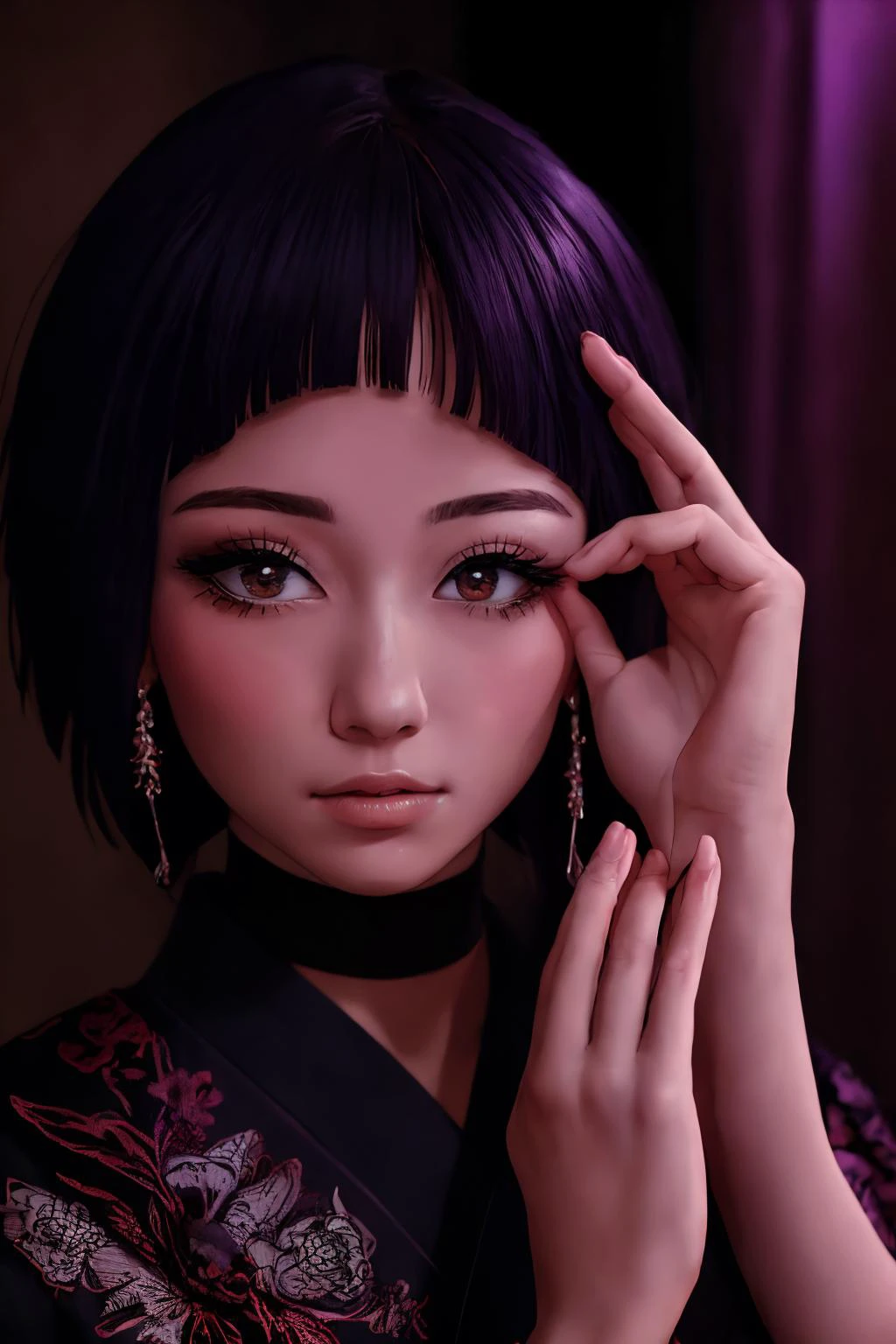 <lora:jirou-10:0.7> jirou2, 1girl, solo, short hair, bangs, looking at viewer, shirt, black hair, choker, purple hair, long earlobes, full body, Grovel,
cinematic, eyeshadow, long eyelashes,
anatomical, good hands,
nsfw,
Japanese, Cambodian, Yakuza,
dilated pupils, perfect eyes, (perfect face), (perfect pupils), perfect nipples,
beautiful composition, fantasy, mystical,
triadic lighting, vivid light, high contrast, dark shadows,
ethereal, colorful, detailed, <lora:weight_slider_v2:-0.3>, (masterpiece, best quality:1.2), extremely high detail <lora:dynamic_shot_28_red_light_portrait:0.6>, photorealistic, photograph, photo, dlsr, FujiFilm, extremely high detail