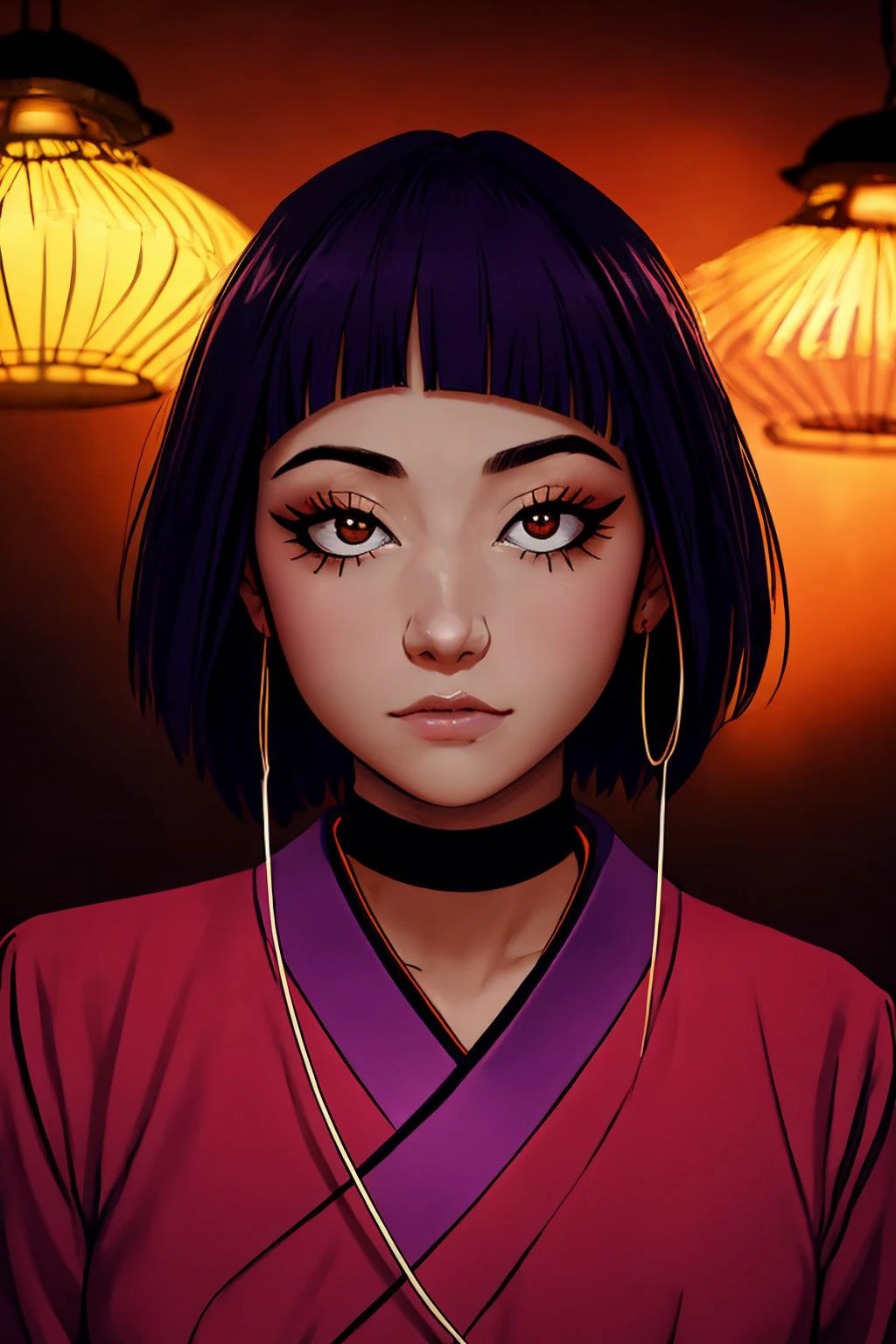 <lora:jirou-10:0.7> jirou2, 1girl, solo, short hair, bangs, looking at viewer, shirt, black hair, choker, purple hair, long earlobes, full body, Sleepy,
cinematic, eyeshadow, long eyelashes,
anatomical, good hands,
nsfw,
Japanese, Cambodian, Yakuza,
detailed eyes, detailed face, (perfect pupils), perfect nipples,
beautiful composition, fantasy, mystical,
triadic lighting, vivid light, high contrast, dark shadows,
ethereal, colorful, detailed, <lora:weight_slider_v2:-0.3>, (masterpiece, best quality:1.2), extremely high detail <lora:dynamic_shot_28_red_light_portrait:0.5>, photorealistic, photograph, photo, dlsr, FujiFilm, extremely high detail