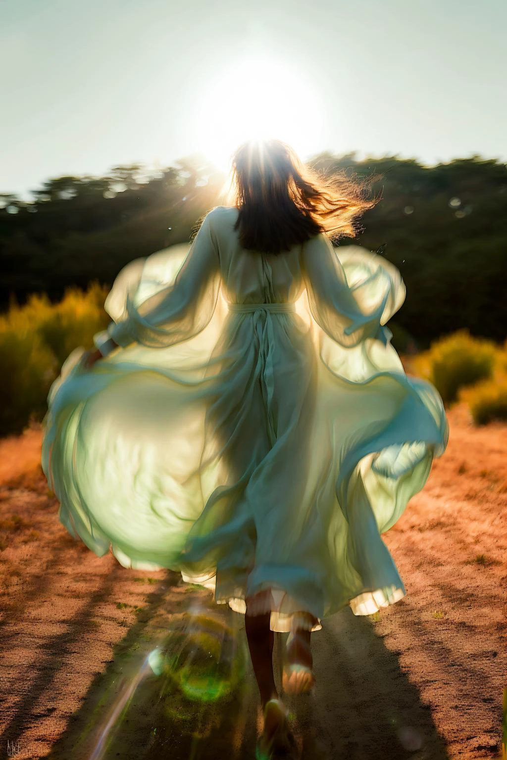 half length, b4ckl1t, from front, facing viewer, (smile:0.4), (half length:1.3), back lighting, a tall slender woman running toward viewer in chaparral wearing a loose celadon oversize dress, ghosting lens flare, motion, dynamic action, dynamic angle, low sun, sun hidden directly behind woman
<lora:Backlit Clothes SD15_epoch_10:1>
<lora:Concept - Clothmancer:0.4> clothmancer, cloth <lora:dynamic_shot_42_rim_light:1> phas42