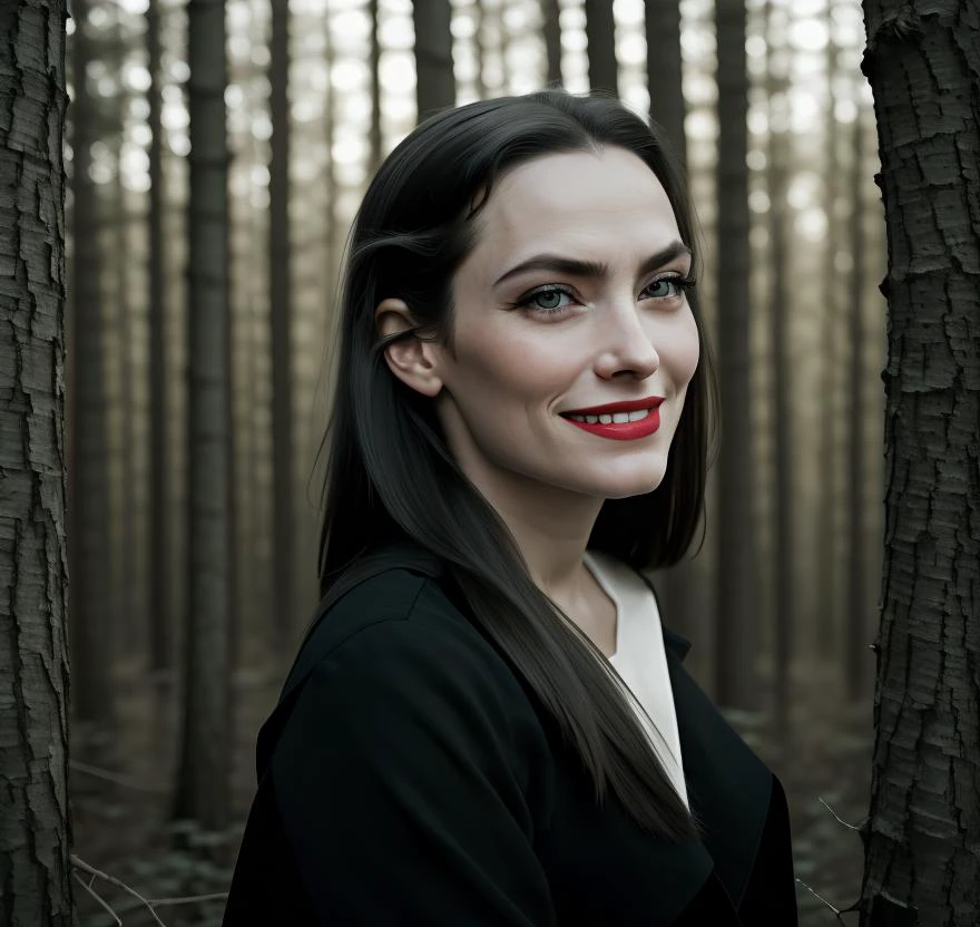 evil cute woman, long black hair, blue pale eyes,( evil smile:1.1), <lora:sxz-helga-sinclair-v6:1> in forest, face shot, up body, fitness body, (masterpiece:1.2), (best quality,:1.2), 8k, HDR, ultra detailed, ((photorealistic)), professional light, cinematic lighting, fashion photography, ambient lighting, atmospheric effects, fur, shot using a Hasselblad 500CM camera, Rule of thirds:1.3, photo in the style of Alessio Albi, <lora:dynamic_shot_58_profile_portrait:1>