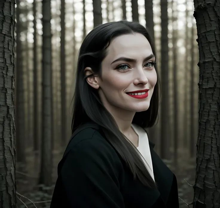 evil cute woman, long black hair,  blue pale eyes,( evil smile:1.1),  <lora:sxz-helga-sinclair-v6:1> in forest, face shot,  up body, fitness body,  (masterpiece:1.2), (best quality,:1.2), 8k, HDR, ultra detailed, ((photorealistic)), professional light, cinematic lighting, fashion photography, ambient lighting, atmospheric effects,   fur,  shot using a Hasselblad 500CM camera, Rule of thirds:1.3, photo in the style of Alessio Albi,      <lora:dynamic_shot_58_profile_portrait:1>