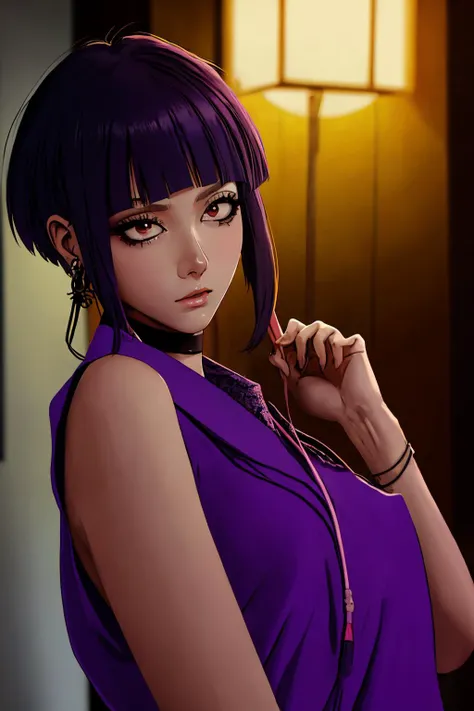 <lora:jirou-10:0.7> jirou2, 1girl, solo, short hair, bangs, looking at viewer, shirt, black hair, choker, purple hair, long earlobes, full body, Sleepy,
cinematic, eyeshadow, long eyelashes,
anatomical, good hands,
nsfw,
Japanese, Cambodian, Yakuza,
detailed eyes, detailed face, (perfect pupils), perfect nipples,
beautiful composition, fantasy, mystical,
triadic lighting, vivid light, high contrast, dark shadows,
ethereal, colorful, detailed, <lora:weight_slider_v2:-0.3>, (masterpiece, best quality:1.2), extremely high detail <lora:dynamic_shot_28_red_light_portrait:0.5>, photorealistic, photograph, photo, dlsr, FujiFilm, extremely high detail